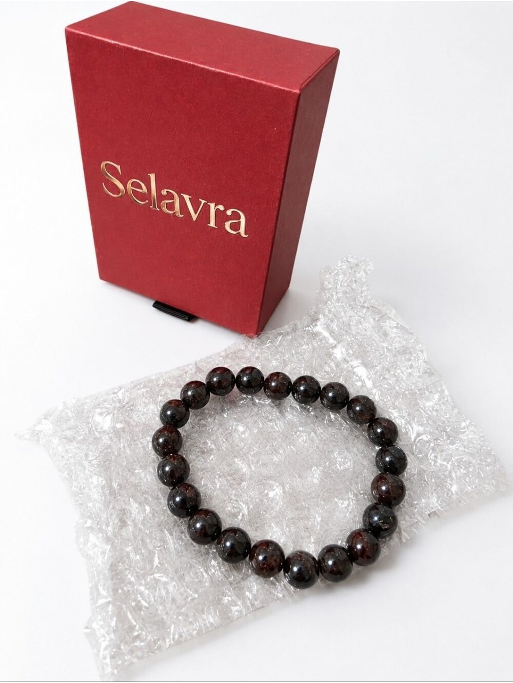 Selavra Genuine Garnet Gemstone Beaded Stretch Bracelet w/ Box New